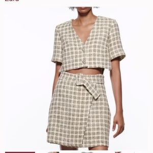 Zara Ecru Textured Check Cut-Out Mini Dress